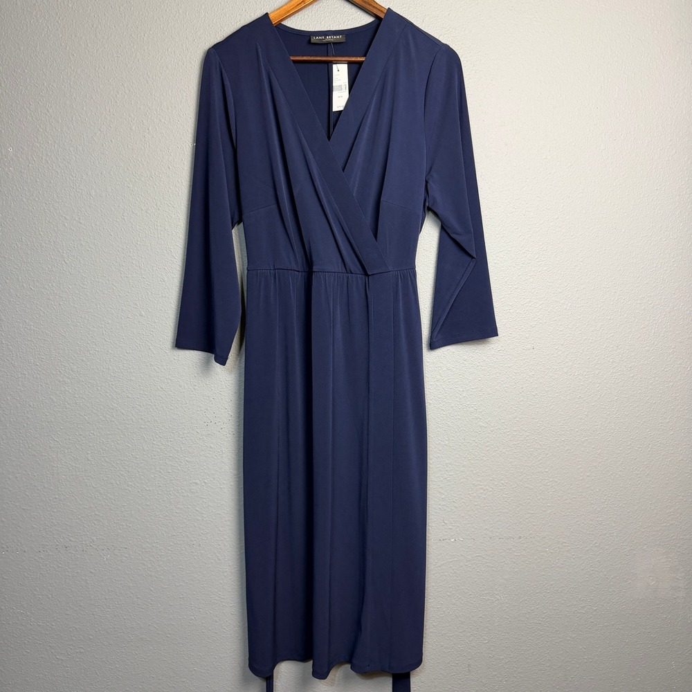 Lane Bryant Navy Blue Faux Wrap Midi Dress Tie Waist‎ V Neck L/SL Wedding Formal